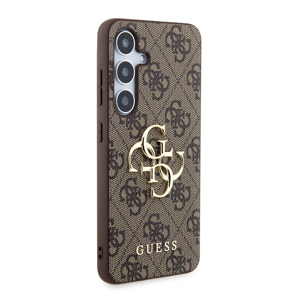 Galaxy S24 Kılıf Guess Orjinal Lisanslı PU Deri Yazı ve 4G Metal Logolu Desenli Kapak Kahverengi