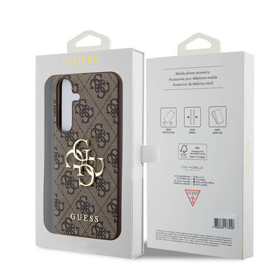 Galaxy S24 Kılıf Guess Orjinal Lisanslı PU Deri Yazı ve 4G Metal Logolu Desenli Kapak Kahverengi