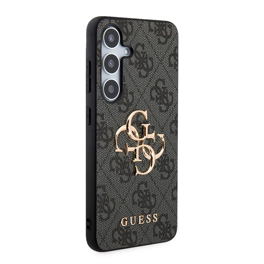 Galaxy S24 Kılıf Guess Orjinal Lisanslı PU Deri Yazı ve 4G Metal Logolu Desenli Kapak Kahverengi