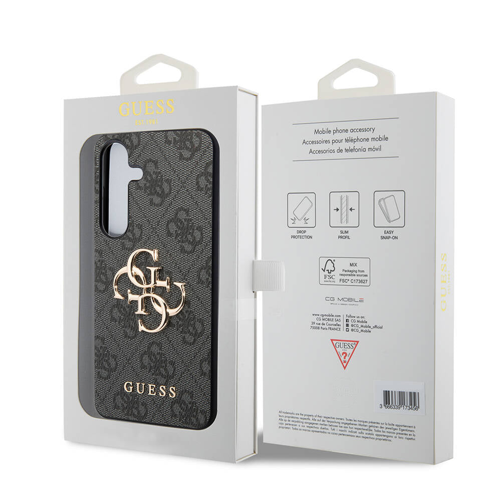 Galaxy S24 Kılıf Guess Orjinal Lisanslı PU Deri Yazı ve 4G Metal Logolu Desenli Kapak Kahverengi