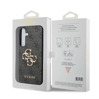 Galaxy S24 Kılıf Guess Orjinal Lisanslı PU Deri Yazı ve 4G Metal Logolu Desenli Kapak Kahverengi