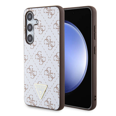 Galaxy S24 Kılıf Guess Orjinal Lisanslı PU Üçgen Logo 4G Desenli Kapak Siyah