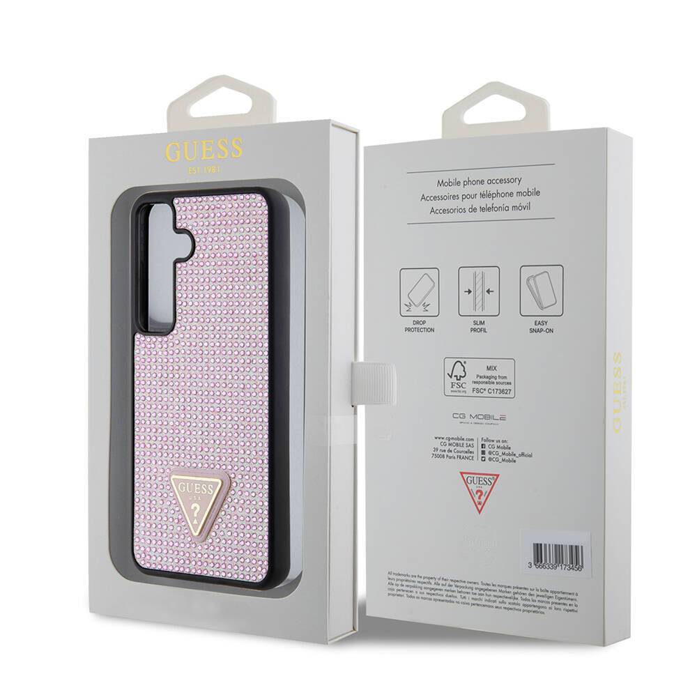 Galaxy S24 Kılıf Guess Orjinal Lisanslı Taşlı Arka Yüzey Üçgen Logolu Kapak Gold