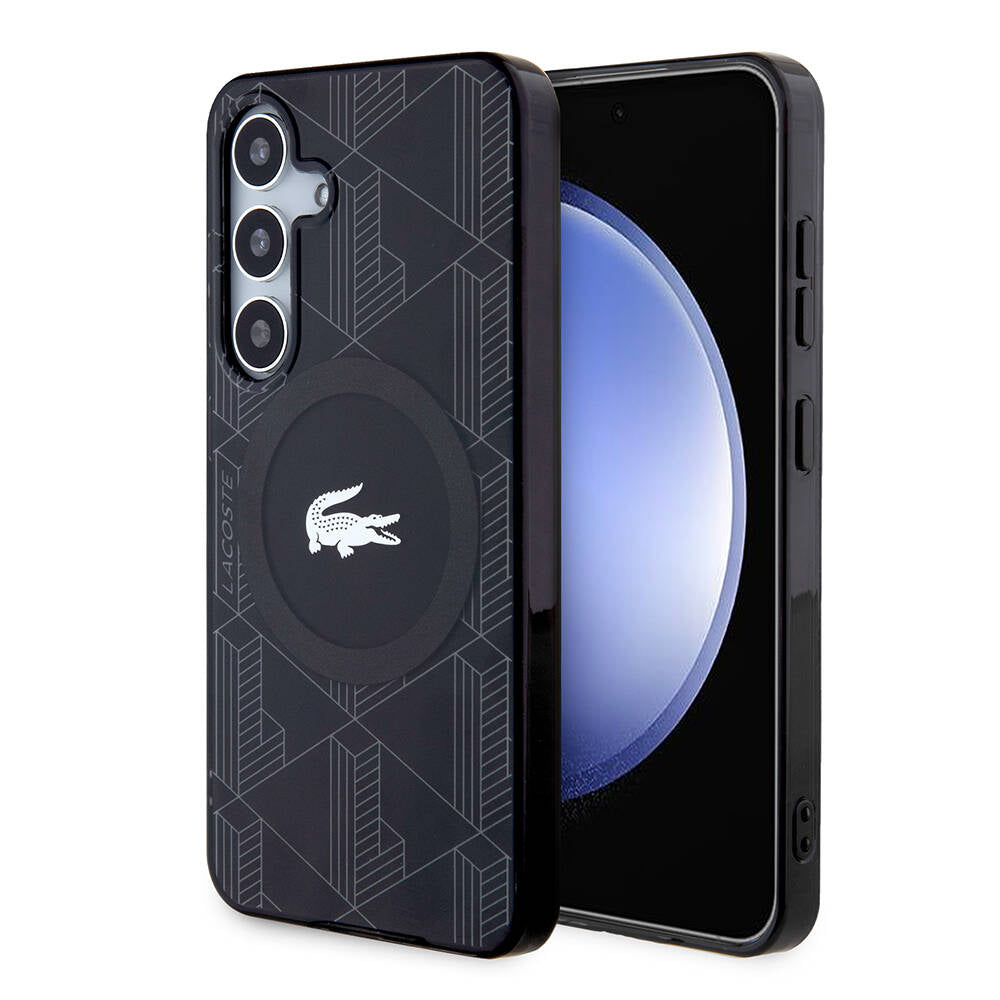 Galaxy S24 Kılıf Lacoste Orjinal Lisanslı Magsafe Şarj Özellikli Çift Katmanlı Timsah Logolu Blend Monogram Kapak Siyah