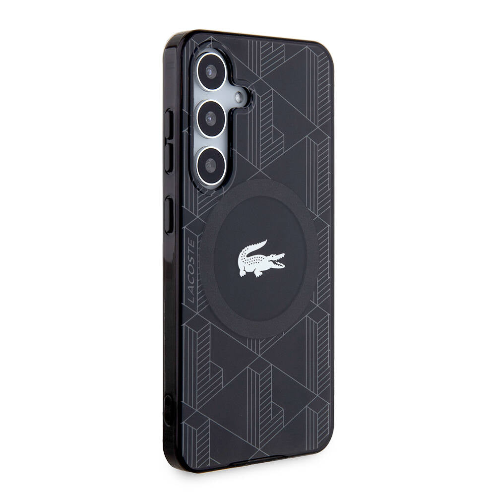 Galaxy S24 Kılıf Lacoste Orjinal Lisanslı Magsafe Şarj Özellikli Çift Katmanlı Timsah Logolu Blend Monogram Kapak Siyah