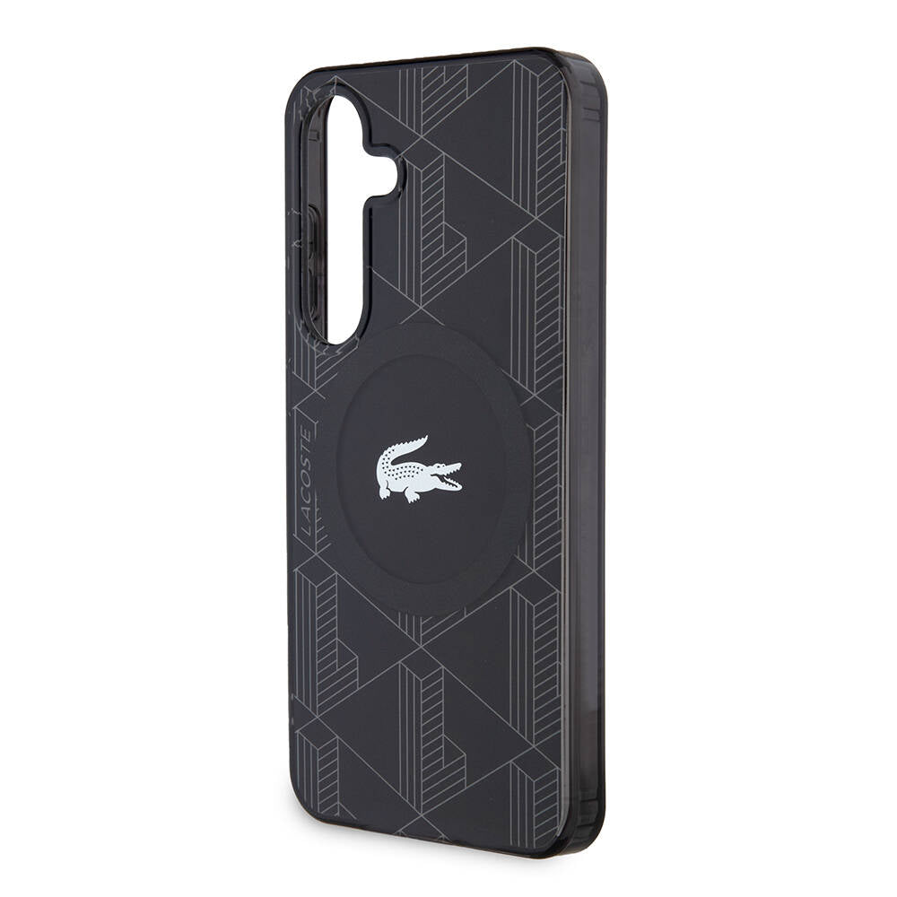 Galaxy S24 Kılıf Lacoste Orjinal Lisanslı Magsafe Şarj Özellikli Çift Katmanlı Timsah Logolu Blend Monogram Kapak Siyah