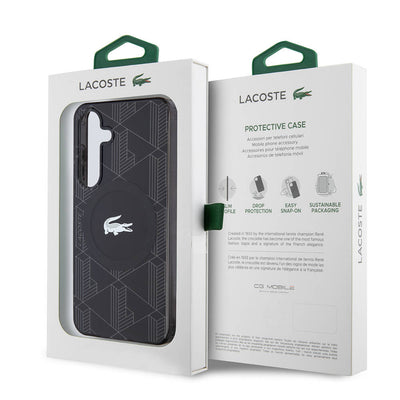 Galaxy S24 Kılıf Lacoste Orjinal Lisanslı Magsafe Şarj Özellikli Çift Katmanlı Timsah Logolu Blend Monogram Kapak Siyah