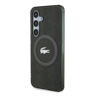 Galaxy S24 Kılıf Lacoste Orjinal Lisanslı Magsafe Şarj Özellikli Çift Katmanlı Timsah Logolu Blend Monogram Kapak Siyah