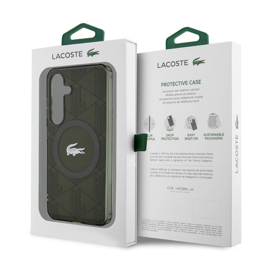 Galaxy S24 Kılıf Lacoste Orjinal Lisanslı Magsafe Şarj Özellikli Çift Katmanlı Timsah Logolu Blend Monogram Kapak Siyah