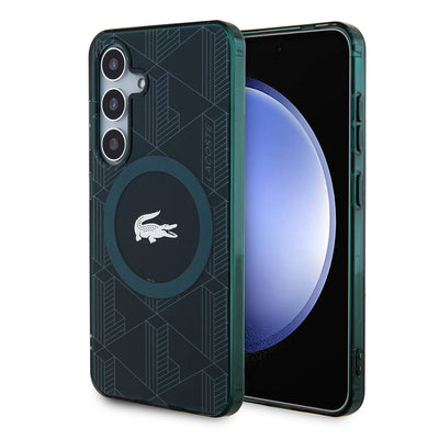 Galaxy S24 Kılıf Lacoste Orjinal Lisanslı Magsafe Şarj Özellikli Çift Katmanlı Timsah Logolu Blend Monogram Kapak Siyah