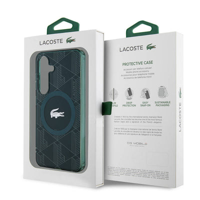 Galaxy S24 Kılıf Lacoste Orjinal Lisanslı Magsafe Şarj Özellikli Çift Katmanlı Timsah Logolu Blend Monogram Kapak Siyah