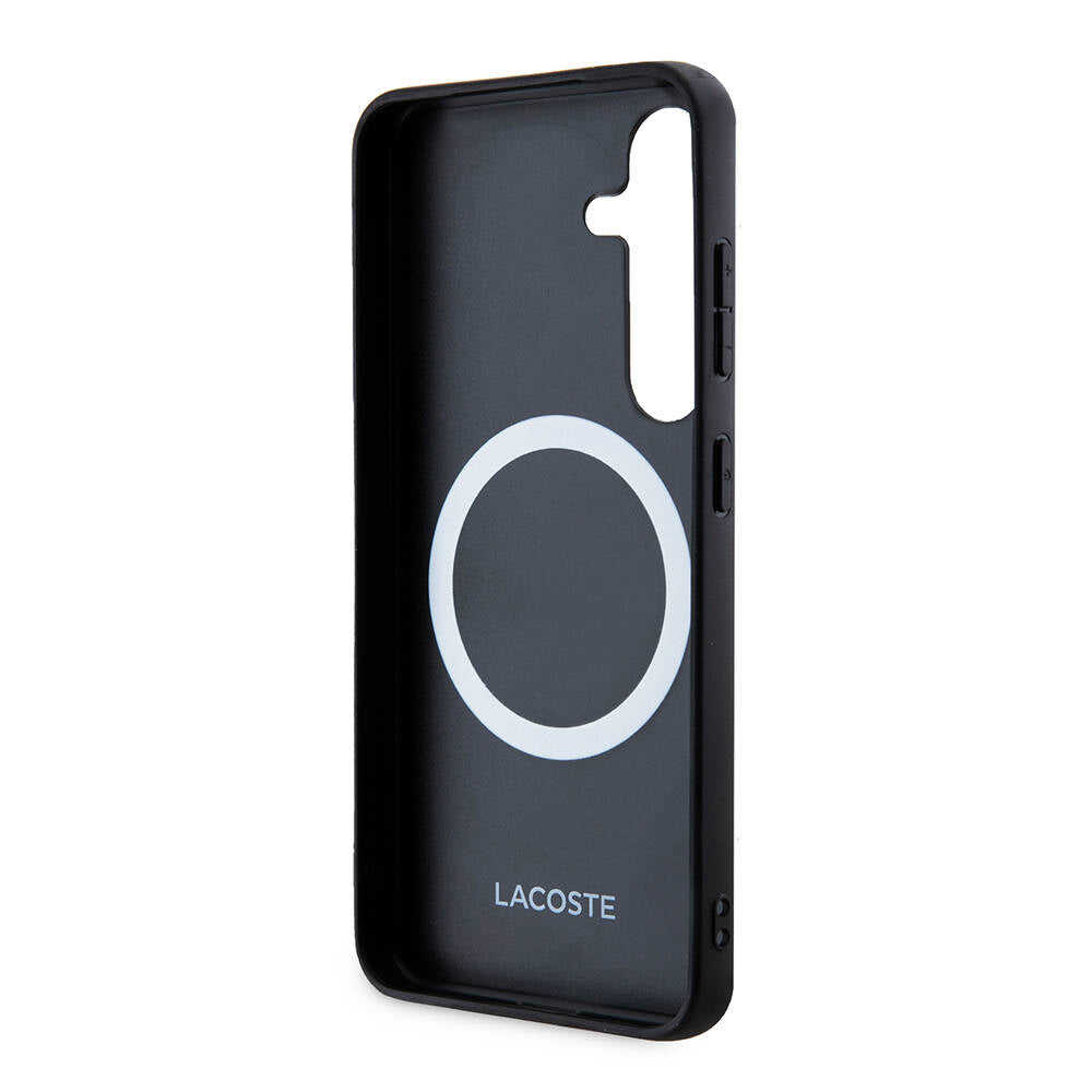 Galaxy S24 Kılıf Lacoste Orjinal Lisanslı Magsafe Şarj Özellikli PU Deri Görünümlü Karışık Monogram Desenli Kapak Lacivert