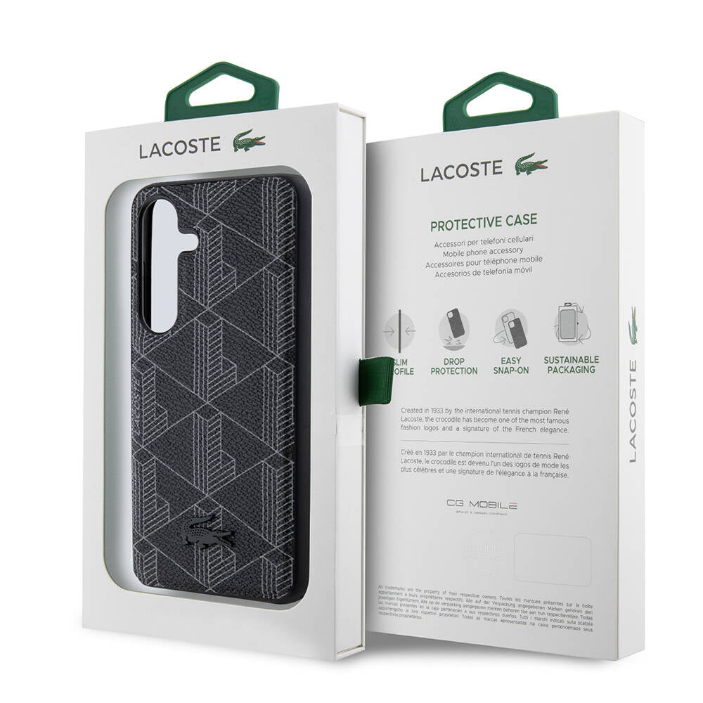 Galaxy S24 Kılıf Lacoste Orjinal Lisanslı Magsafe Şarj Özellikli PU Deri Görünümlü Karışık Monogram Desenli Kapak Lacivert