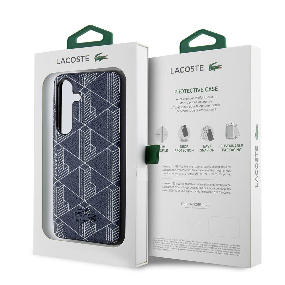 Galaxy S24 Kılıf Lacoste Orjinal Lisanslı Magsafe Şarj Özellikli PU Deri Görünümlü Karışık Monogram Desenli Kapak Lacivert