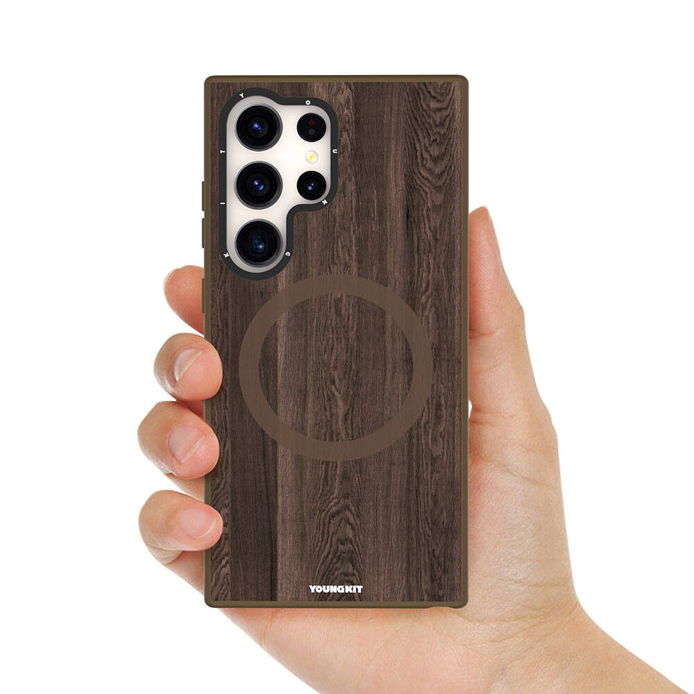 Galaxy S24 Ultra Kılıf Magsafe Şarj Özellikli Sararmaya Dayanıklı Youngkit Wood Forest Serisi Kapak Siyah
