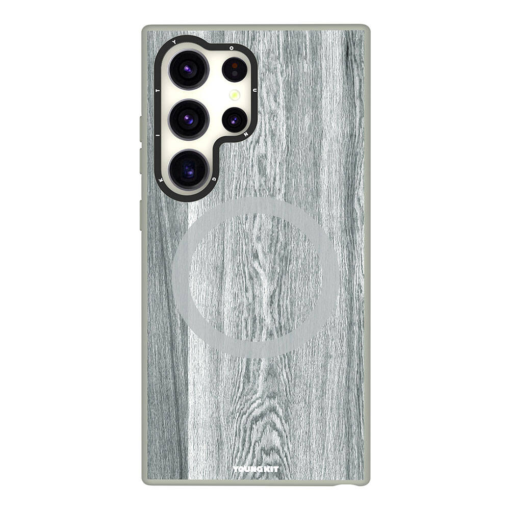 Galaxy S24 Ultra Kılıf Magsafe Şarj Özellikli Sararmaya Dayanıklı Youngkit Wood Forest Serisi Kapak Gri