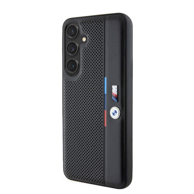 Galaxy S24 Plus Kılıf BMW Orjinal Lisanslı M Logolu Üç Renk Çizgili Delikli Detail Line Kapak Siyah