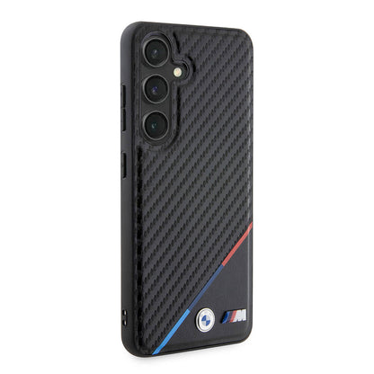 Galaxy S24 Plus Kılıf BMW Orjinal Lisanslı M-safe Şarj Özellikli M Logolu Üç Çizgili PU Karbon Kılıf