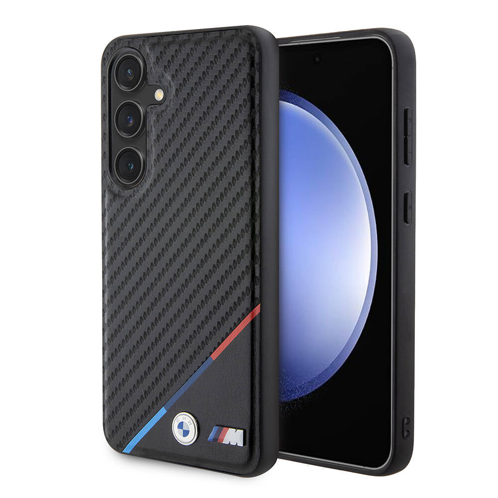 Galaxy S24 Plus Kılıf BMW Orjinal Lisanslı M-safe Şarj Özellikli M Logolu Üç Çizgili PU Karbon Kılıf