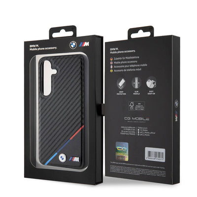 Galaxy S24 Plus Kılıf BMW Orjinal Lisanslı Magsafe Şarj Özellikli M Logolu Üç Çizgili PU Karbon Kapak Siyah