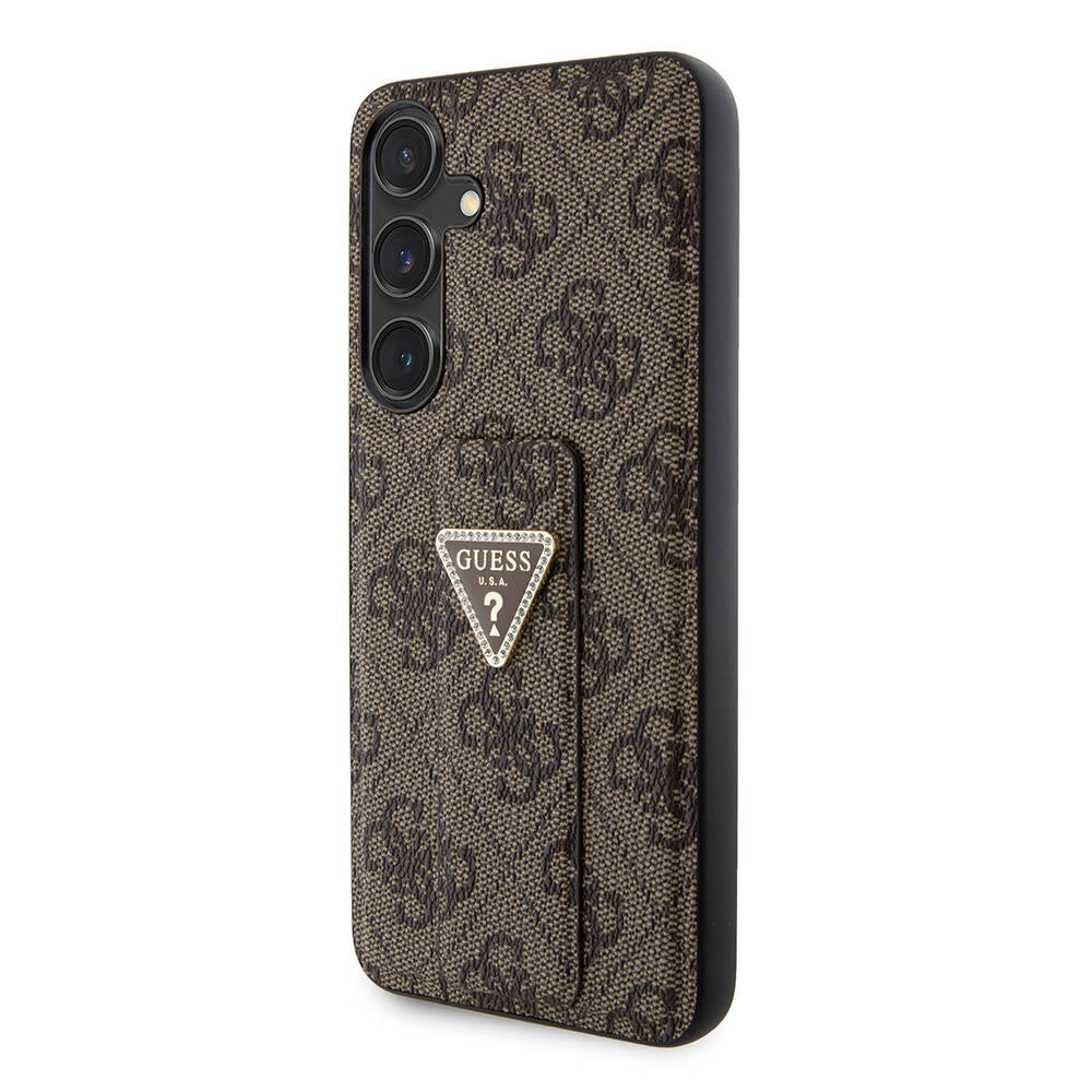Galaxy S24 Plus Kılıf Guess Orjinal Lisanslı 4G Desenli Üçgen Logolu Standlı Deri Kapak Kahverengi