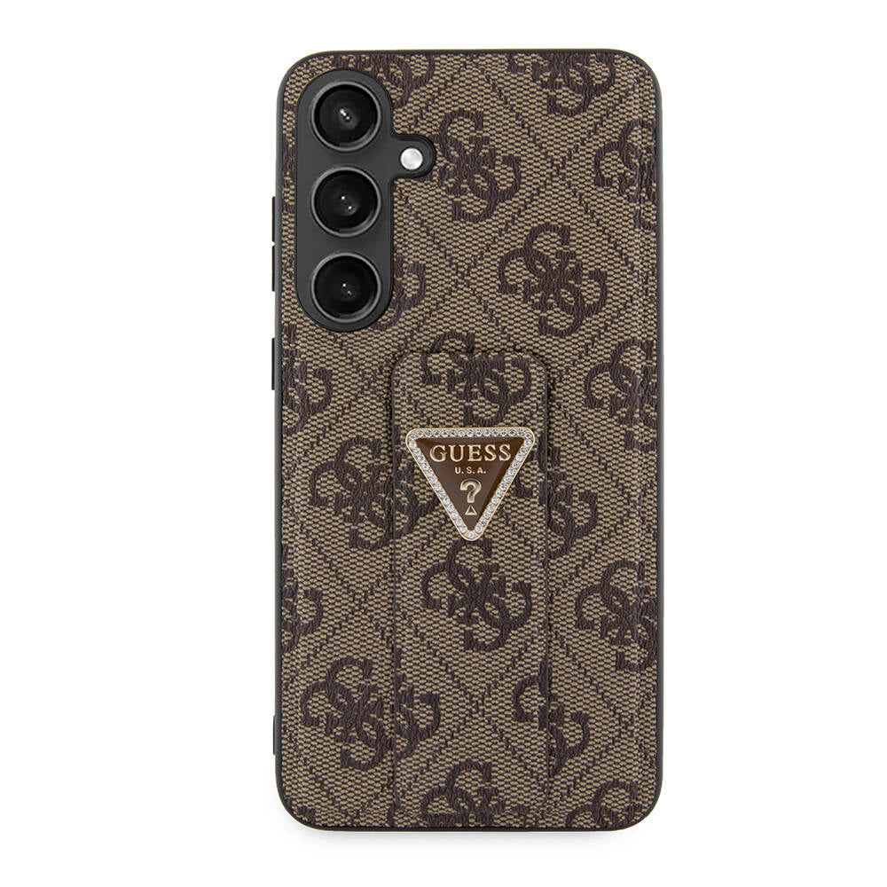 Galaxy S24 Plus Kılıf Guess Orjinal Lisanslı 4G Desenli Üçgen Logolu Standlı Deri Kapak Kahverengi