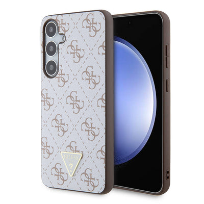 Galaxy S24 Plus Kılıf Guess Orjinal Lisanslı PU Üçgen Logo 4G Desenli Kapak Beyaz
