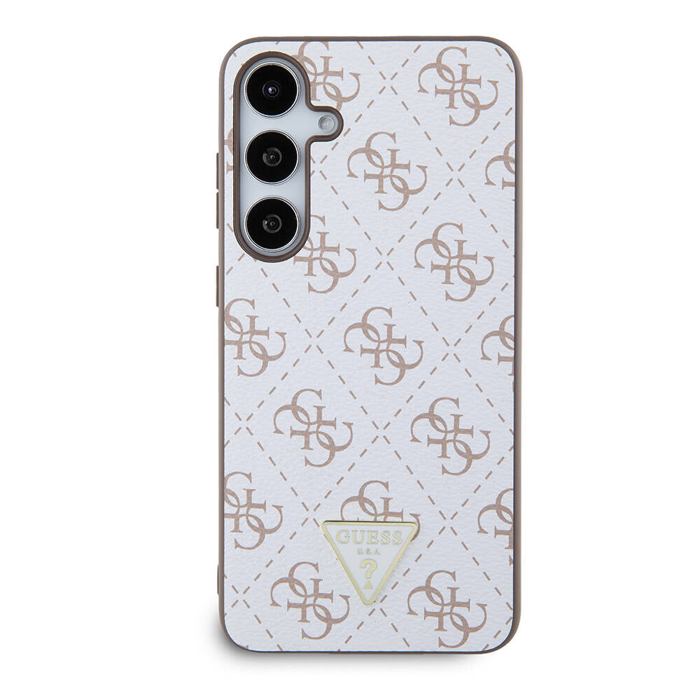 Galaxy S24 Plus Kılıf Guess Orjinal Lisanslı PU Üçgen Logo 4G Desenli Kapak Beyaz