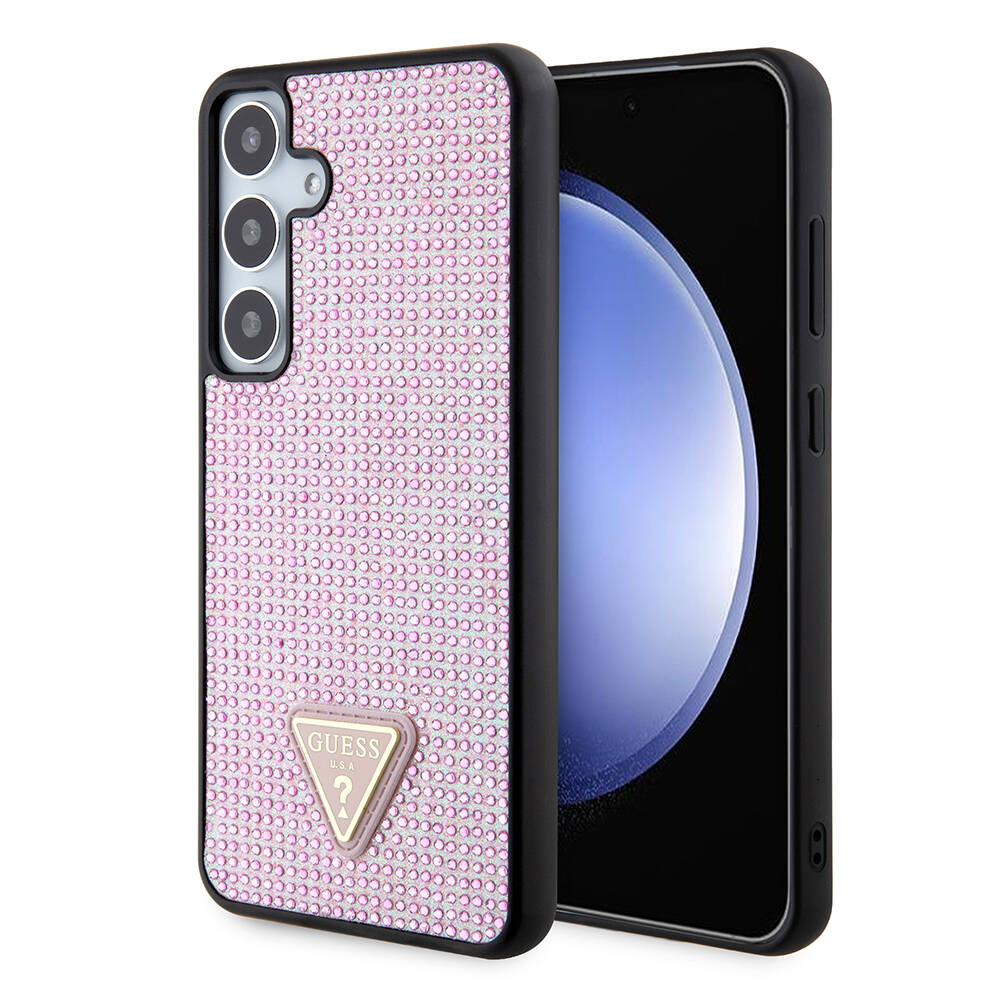 Galaxy S24 Plus Kılıf Guess Orjinal Lisanslı Taşlı Arka Yüzey Üçgen Logolu Kapak Pembe