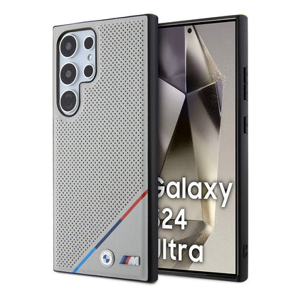Galaxy S24 Ultra Kılıf BMW Orjinal Lisanslı M-safe Şarj Özellikli M Logolu Üç Çizgili Delikli Deri Kılıf
