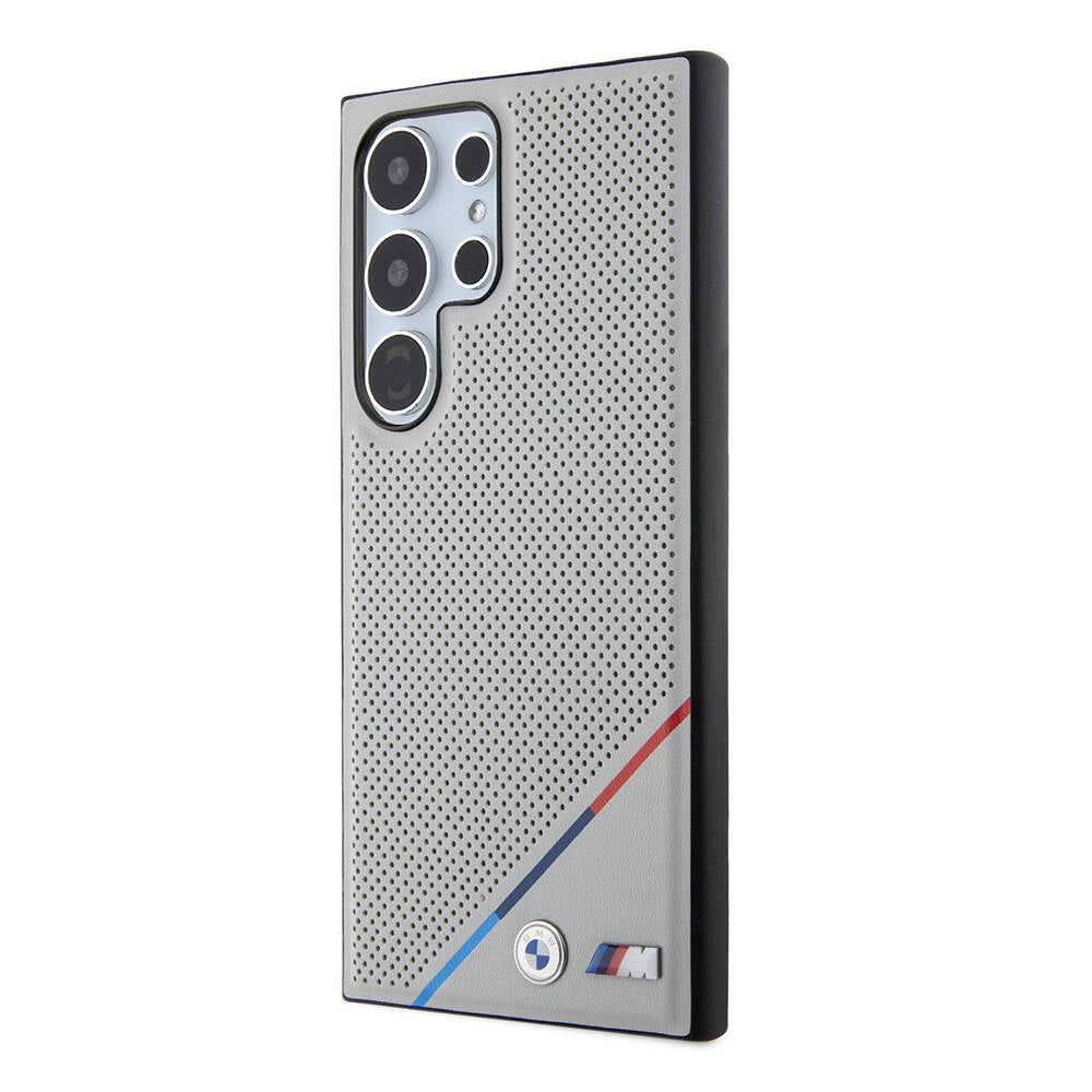 Galaxy S24 Ultra Kılıf BMW Orjinal Lisanslı M-safe Şarj Özellikli M Logolu Üç Çizgili Delikli Deri Kılıf