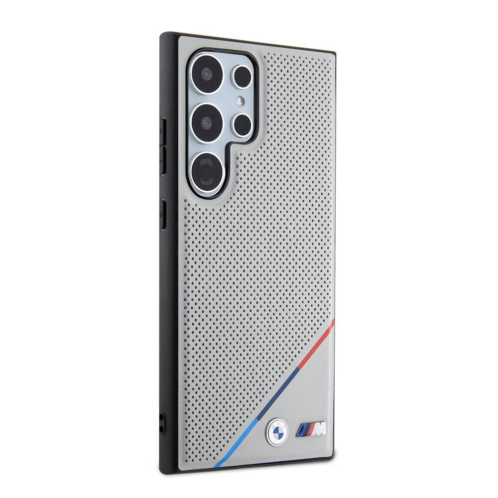 Galaxy S24 Ultra Kılıf BMW Orjinal Lisanslı M-safe Şarj Özellikli M Logolu Üç Çizgili Delikli Deri Kılıf