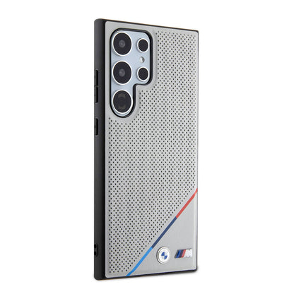 Galaxy S24 Ultra Kılıf BMW Orjinal Lisanslı M-safe Şarj Özellikli M Logolu Üç Çizgili Delikli Deri Kılıf