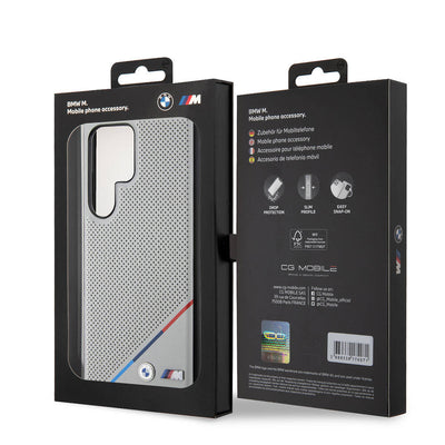 Galaxy S24 Ultra Kılıf BMW Orjinal Lisanslı Magsafe Şarj Özellikli M Logolu Üç Çizgili Delikli Deri Kapak Gri