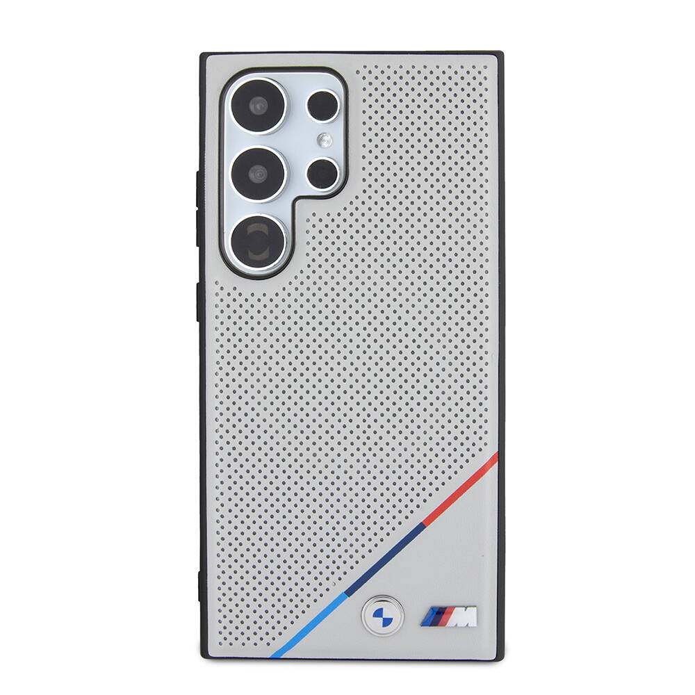 Galaxy S24 Ultra Kılıf BMW Orjinal Lisanslı M-safe Şarj Özellikli M Logolu Üç Çizgili Delikli Deri Kılıf