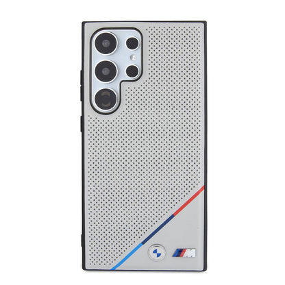 Galaxy S24 Ultra Kılıf BMW Orjinal Lisanslı M-safe Şarj Özellikli M Logolu Üç Çizgili Delikli Deri Kılıf