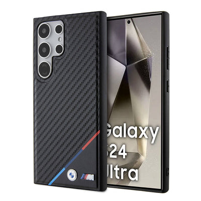 Galaxy S24 Ultra Kılıf BMW Orjinal Lisanslı Magsafe Şarj Özellikli M Logolu Üç Çizgili PU Karbon Kapak Siyah