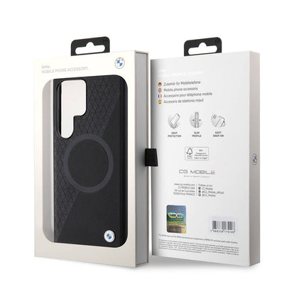 Galaxy S24 Ultra Kılıf BMW Orjinal Lisanslı Magsafe Şarj Özellikli Yarım Dokulu Circle Leather Kapak Siyah