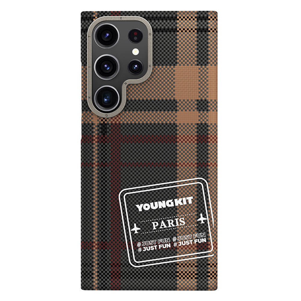Galaxy S24 Ultra Kılıf Ekose Desenli Youngkit Gezhi Serisi Kapak Kahverengi