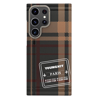 Galaxy S24 Ultra Kılıf Ekose Desenli Youngkit Gezhi Serisi Kapak Kahverengi