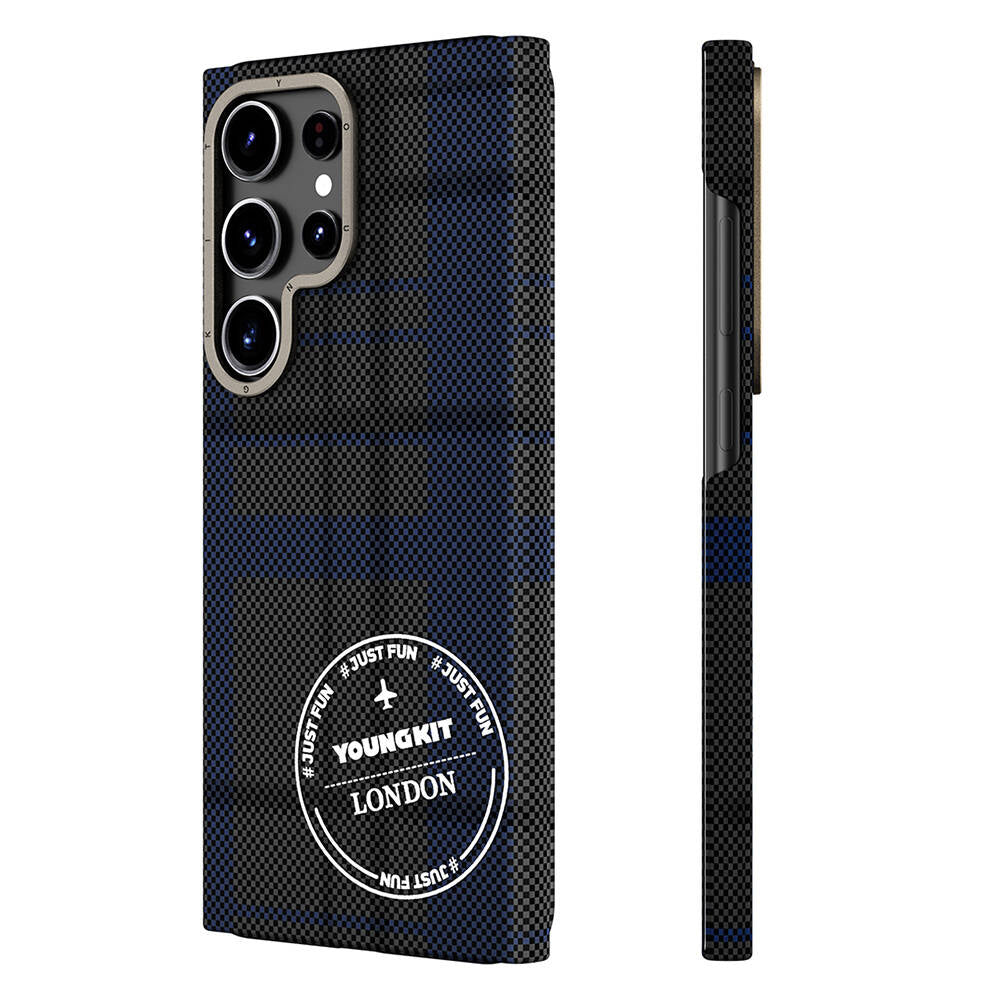 Galaxy S24 Ultra Kılıf Ekose Desenli Youngkit Gezhi Serisi Kapak Mavi