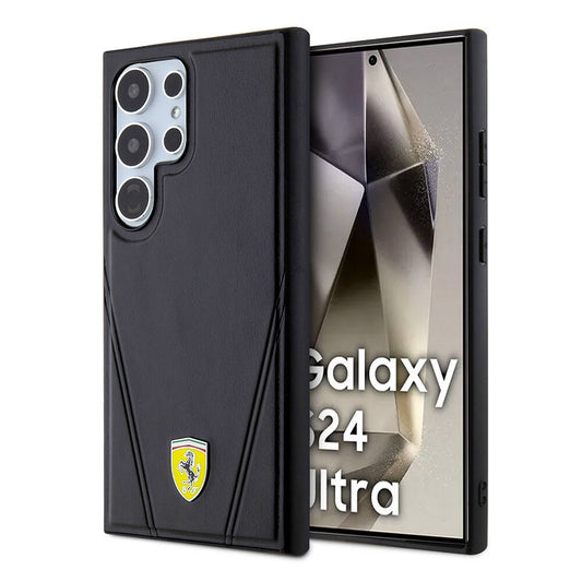 Galaxy S24 Ultra Kılıf Ferrari Orjinal Lisanslı M-safe Şarj Özellikli Sıcak Baskı V Çizgili Deri Kılıf