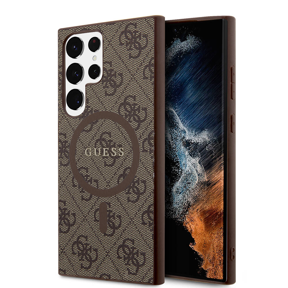 Galaxy S24 Ultra Kılıf Guess Orjinal Lisanslı M-safe Şarj Özellikli PU Halkalı 4G Desenli Yazı Logolu Kılıf