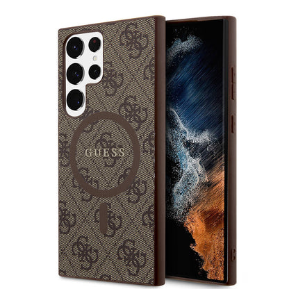 Galaxy S24 Ultra Kılıf Guess Orjinal Lisanslı M-safe Şarj Özellikli PU Halkalı 4G Desenli Yazı Logolu Kılıf