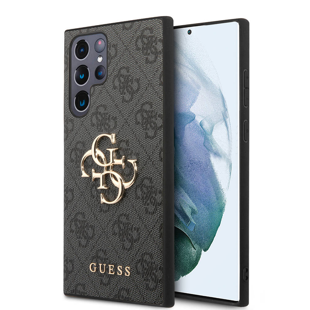 Galaxy S24 Ultra Kılıf Guess Orjinal Lisanslı PU Deri Yazı ve 4G Metal Logolu Desenli Kapak Siyah