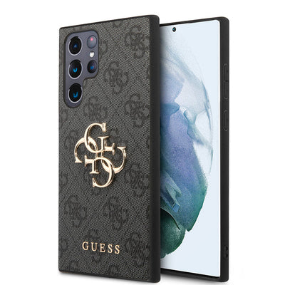 Galaxy S24 Ultra Kılıf Guess Orjinal Lisanslı PU Deri Yazı ve 4G Metal Logolu Desenli Kapak Siyah