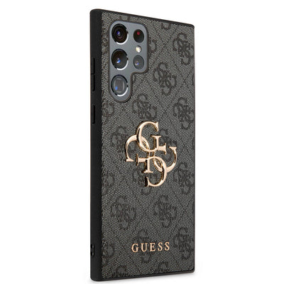 Galaxy S24 Ultra Kılıf Guess Orjinal Lisanslı PU Deri Yazı ve 4G Metal Logolu Desenli Kapak Siyah