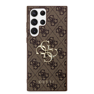 Galaxy S24 Ultra Kılıf Guess Orjinal Lisanslı PU Deri Yazı ve 4G Metal Logolu Desenli Kapak Siyah