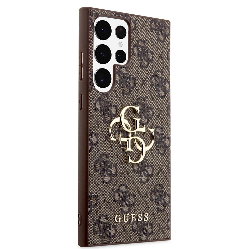 Galaxy S24 Ultra Kılıf Guess Orjinal Lisanslı PU Deri Yazı ve 4G Metal Logolu Desenli Kapak Pembe