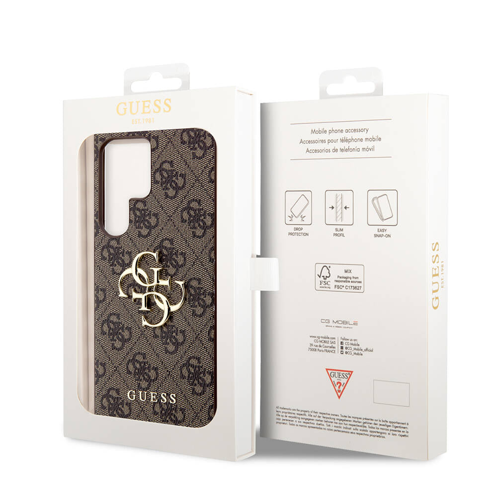 Galaxy S24 Ultra Kılıf Guess Orjinal Lisanslı PU Deri Yazı ve 4G Metal Logolu Desenli Kapak Pembe